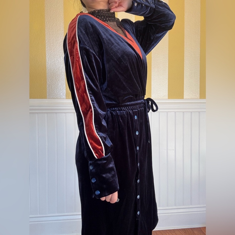 Anthropologie Elegant Velvet V-Neck Dress - Navy Blue - Picture 5 of 6